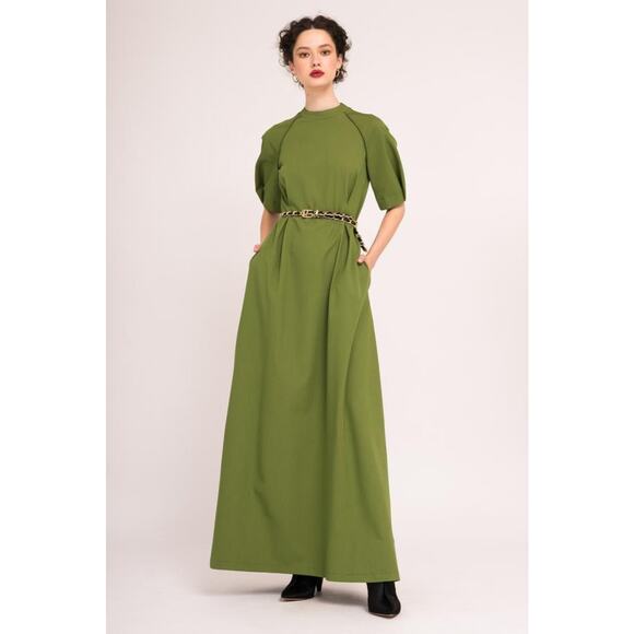 Bluzat Moda Urbana Dress Green Maxi Dress With Puff Sleeves NWOT - Picture 1 of 9
